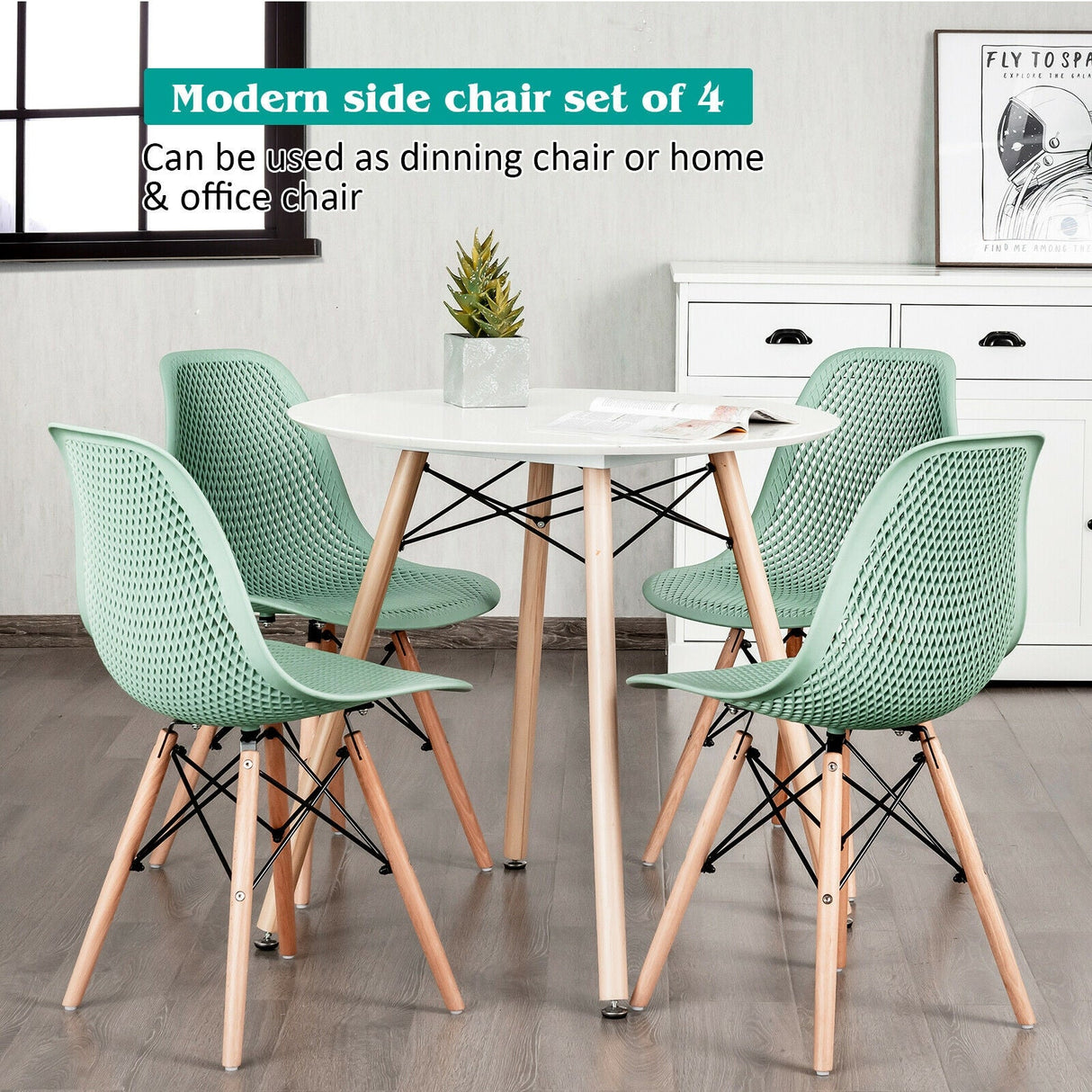 Juego de 4 sillas de plástico modernas con diseño calado y patas de madera