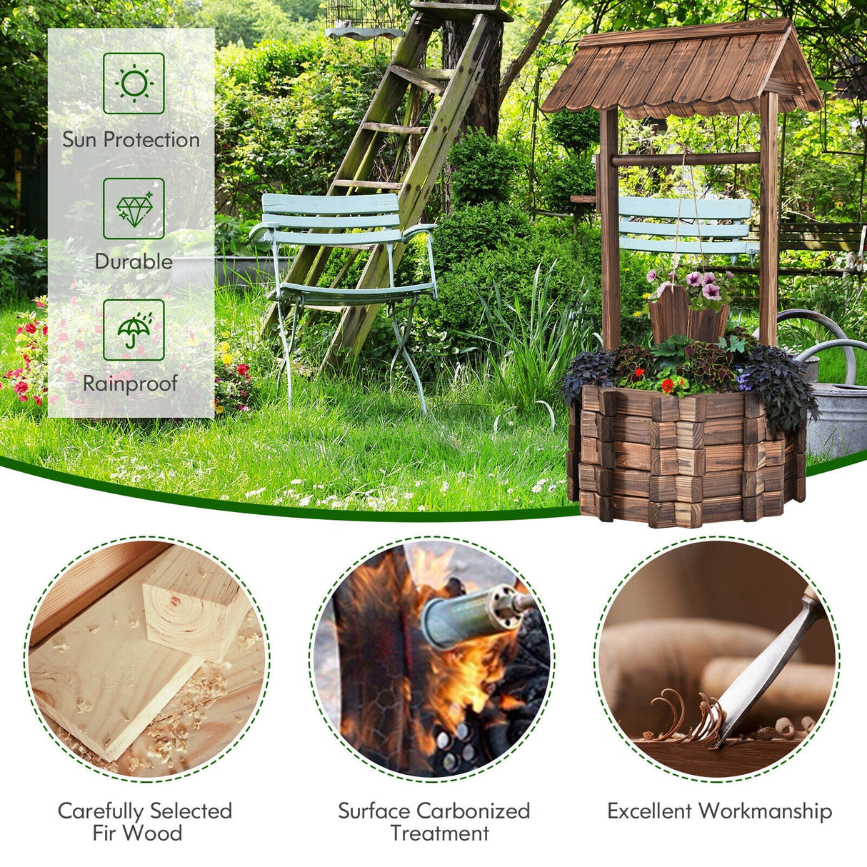 Cubo/Maceta decorativa de madera para jardín con pozo de los deseos