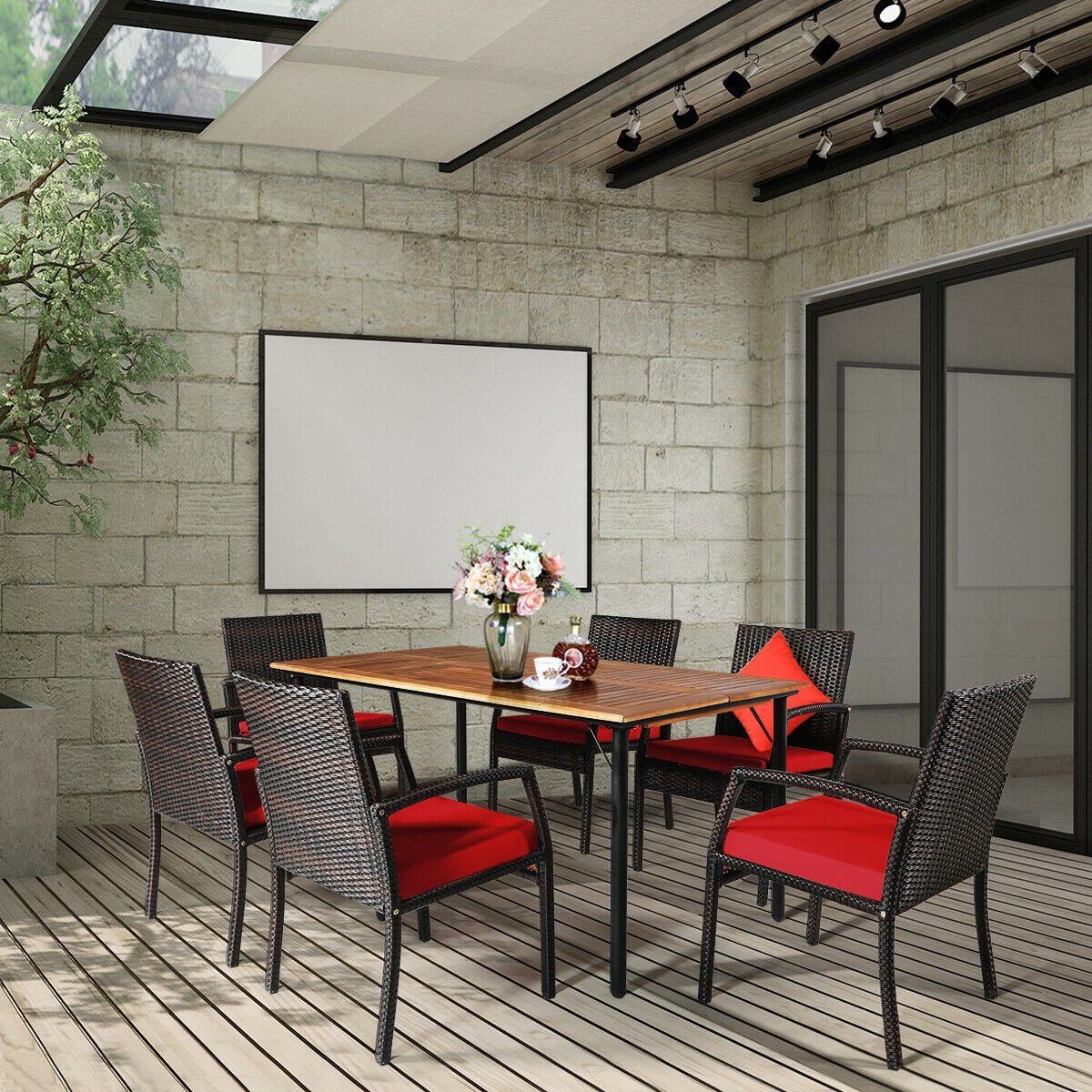 Juego de comedor de ratán acolchado de 7 piezas para patio con agujero para sombrilla