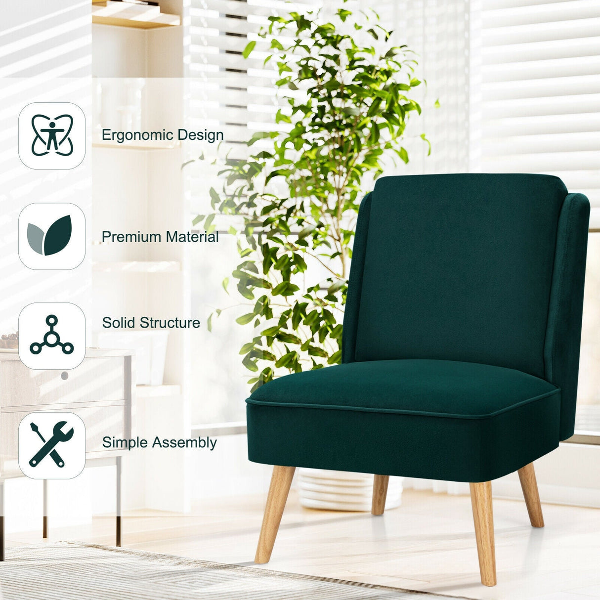 Sillón auxiliar sin brazos de terciopelo con patas de madera de caucho para dormitorio
