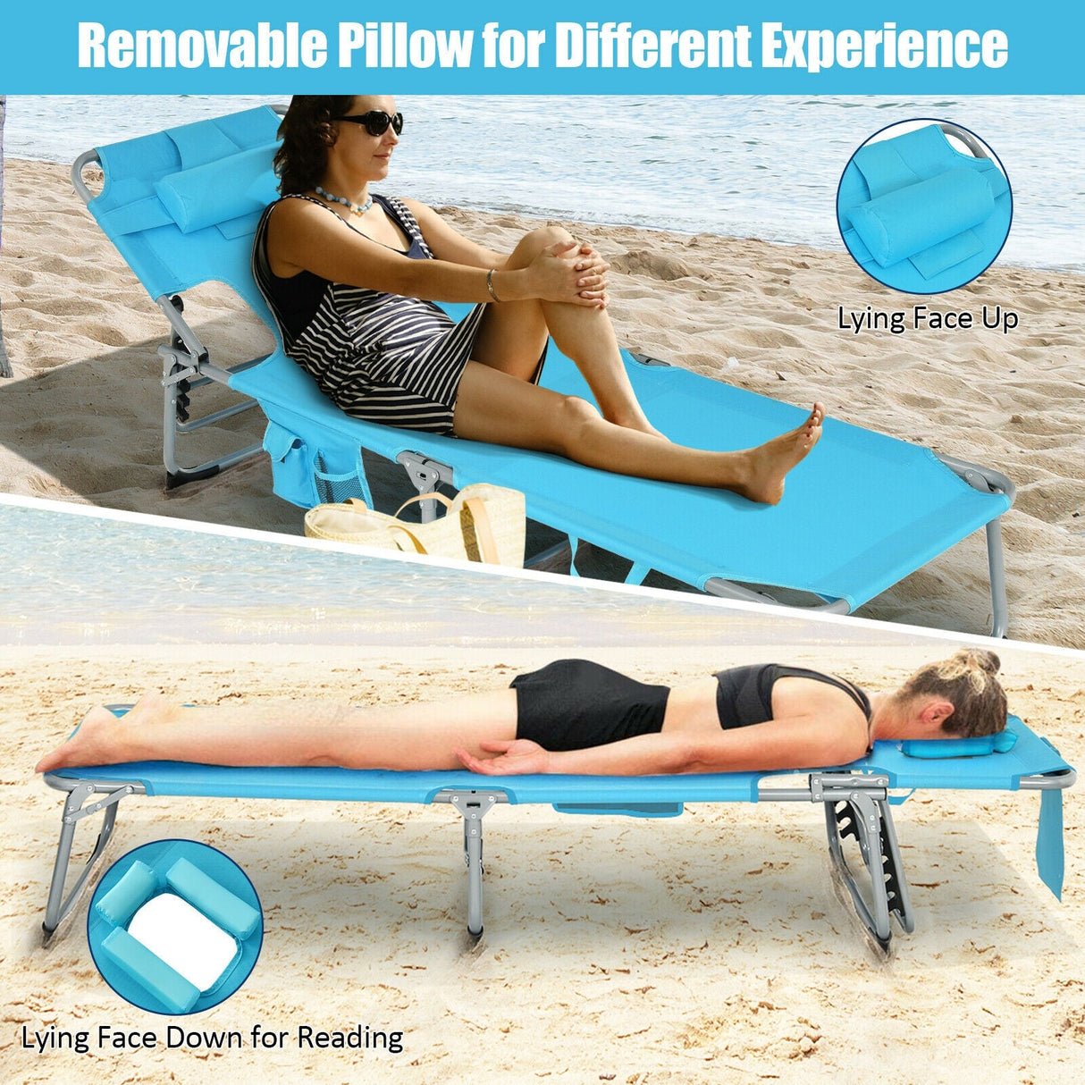 Tumbona de playa plegable con almohada para exteriores - Turquesa