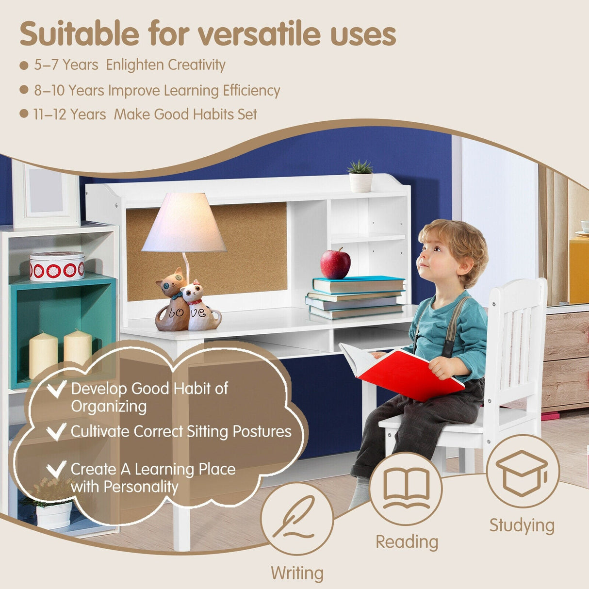 Juego de escritorio y silla para niños, escritorio de estudio con estantería y repisas