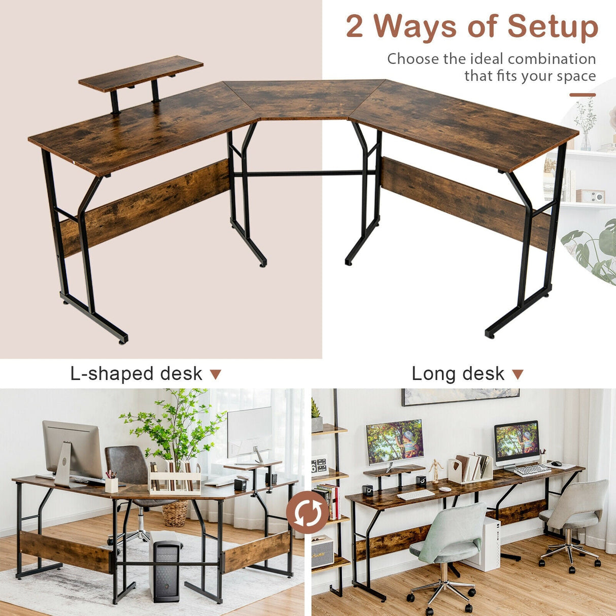 Mesa de escritorio para ordenador en forma de L reversible de 88,5 pulgadas con soporte para monitor