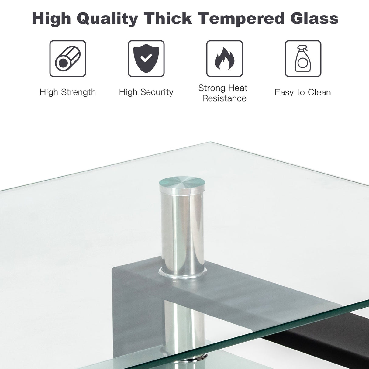 Mesa de centro rectangular de cristal con patas metálicas para salón