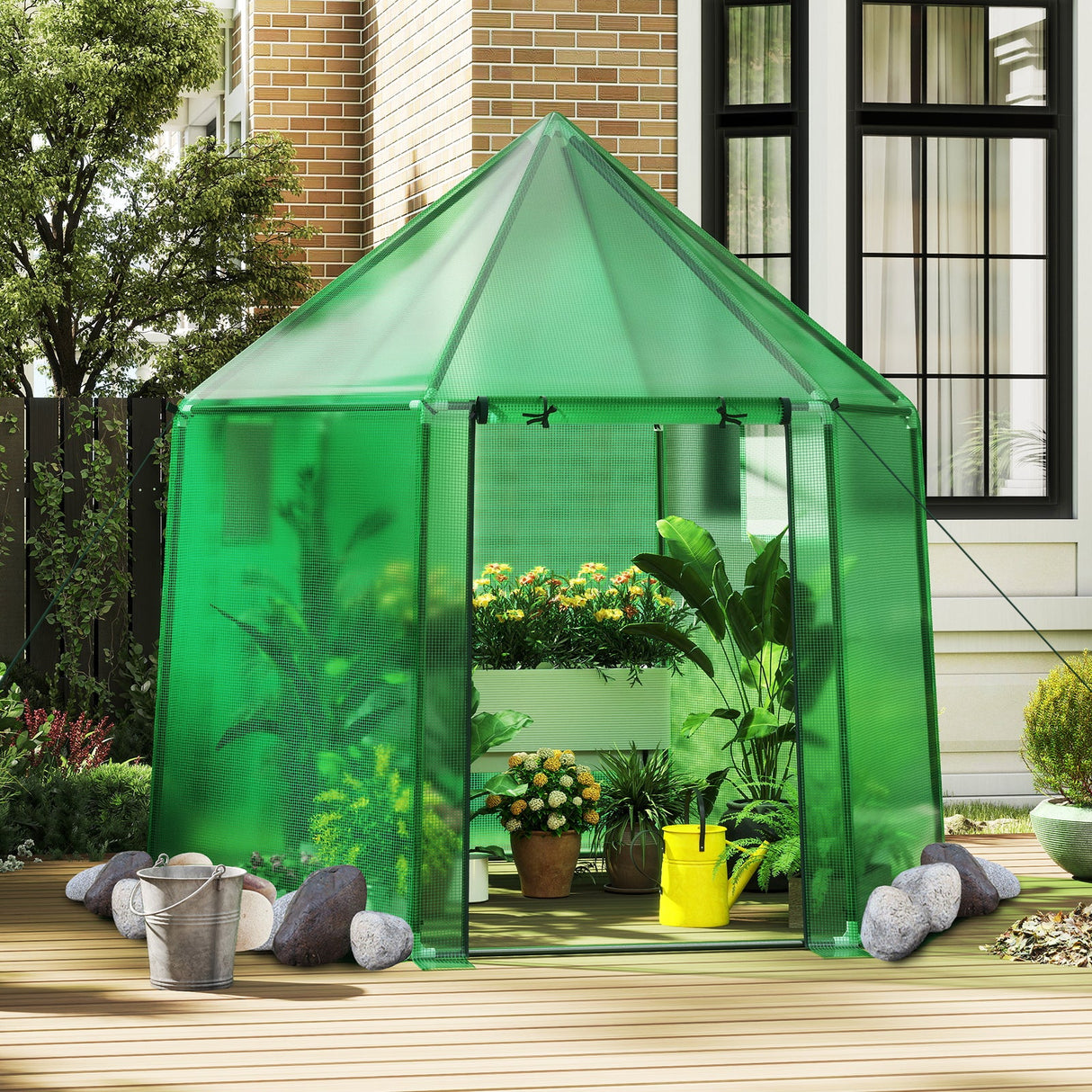 6,5 x 5,6 x 6,2 PIES Invernadero mini portátil para exteriores, casa cálida para invierno con cubierta de PE - Verde