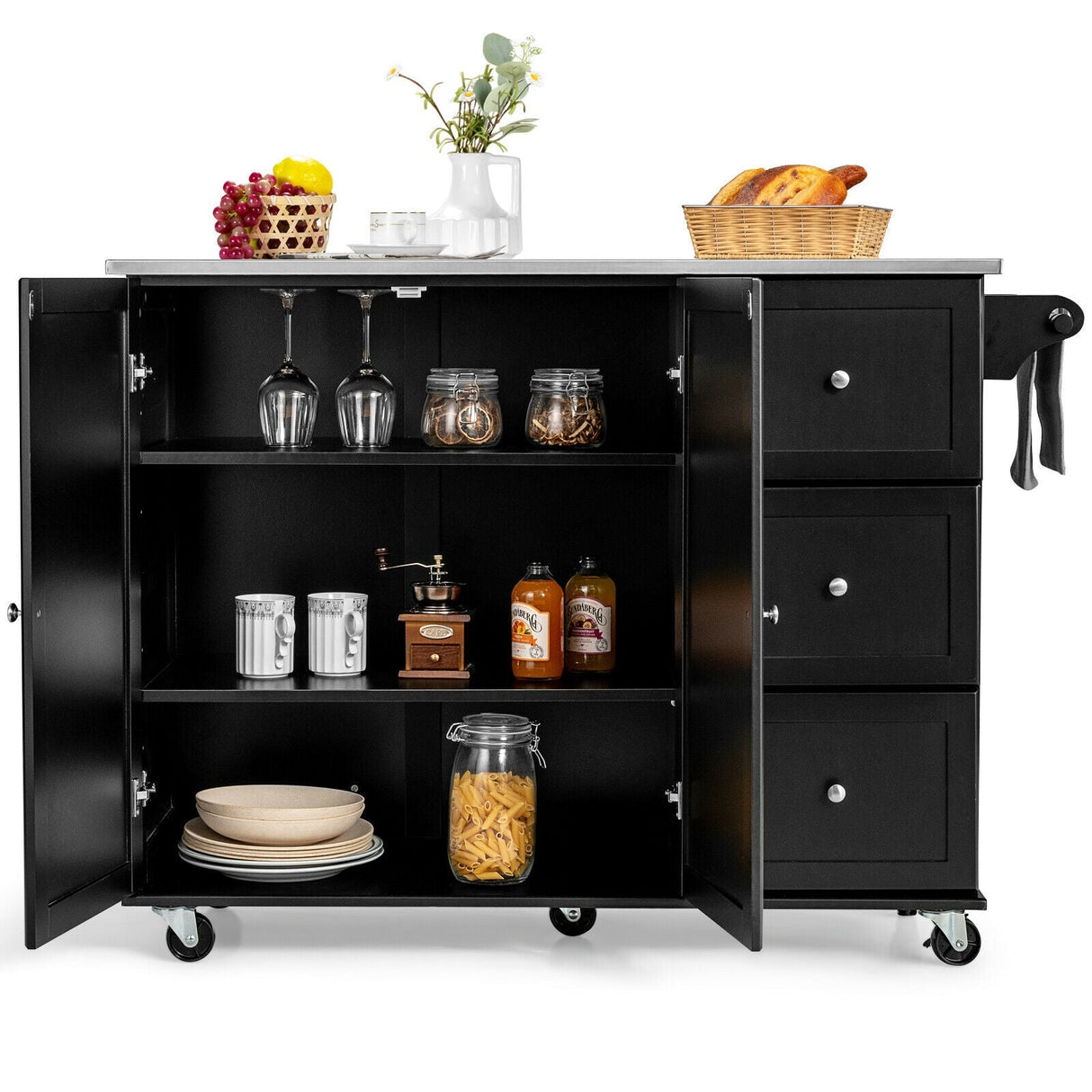 Isla de cocina con gabinete de almacenamiento de 2 puertas, cajones y encimera de acero inoxidable
