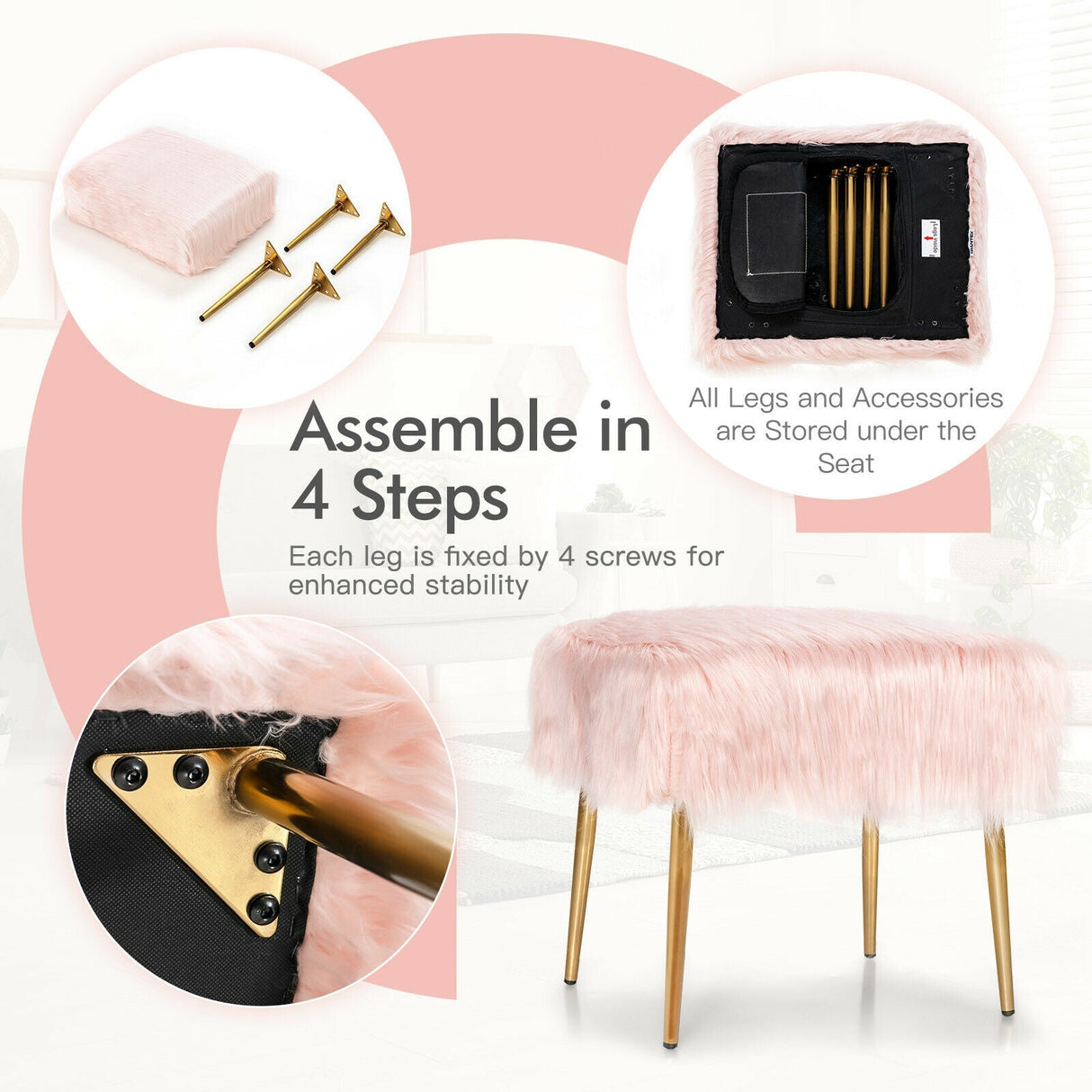 Taburete de Tocador de Pelo Sintético con Patas de Metal Doradas para Sala de Maquillaje