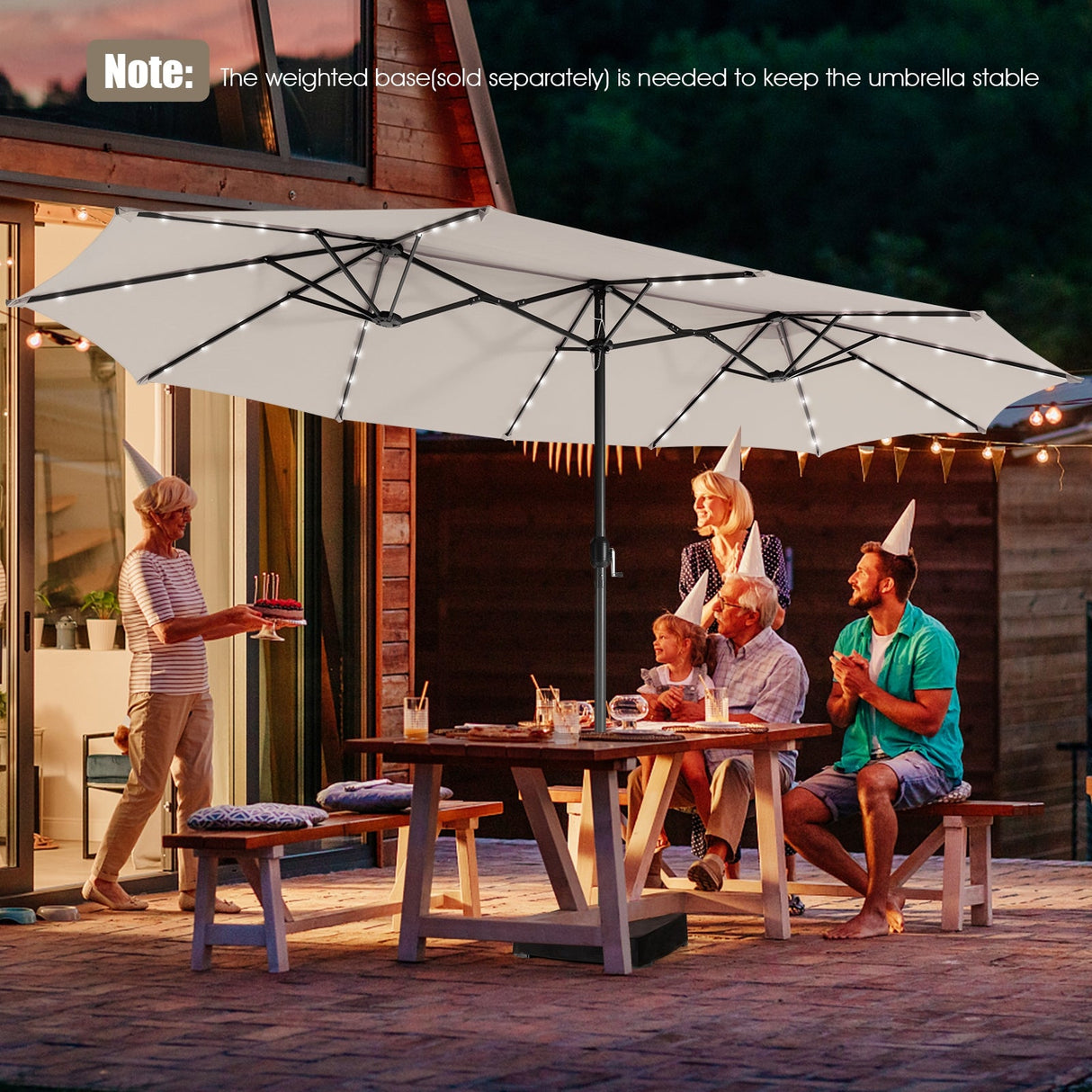 Sombrilla doble de patio de 15 pies con 48 luces LED solares