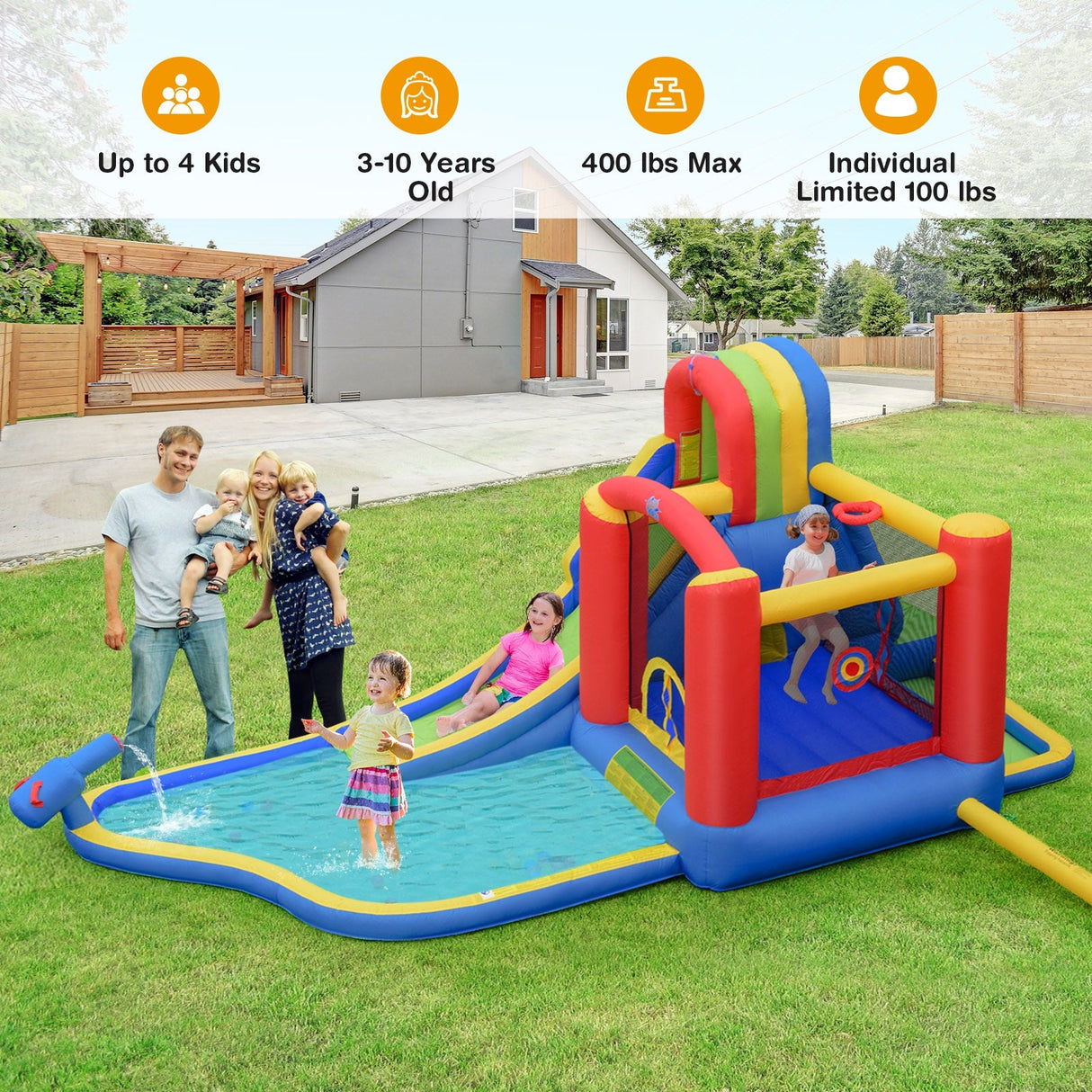 Castillo Inflable para Niños con Tobogán, Escalada, Parque Acuático, Piscina, sin Soplador