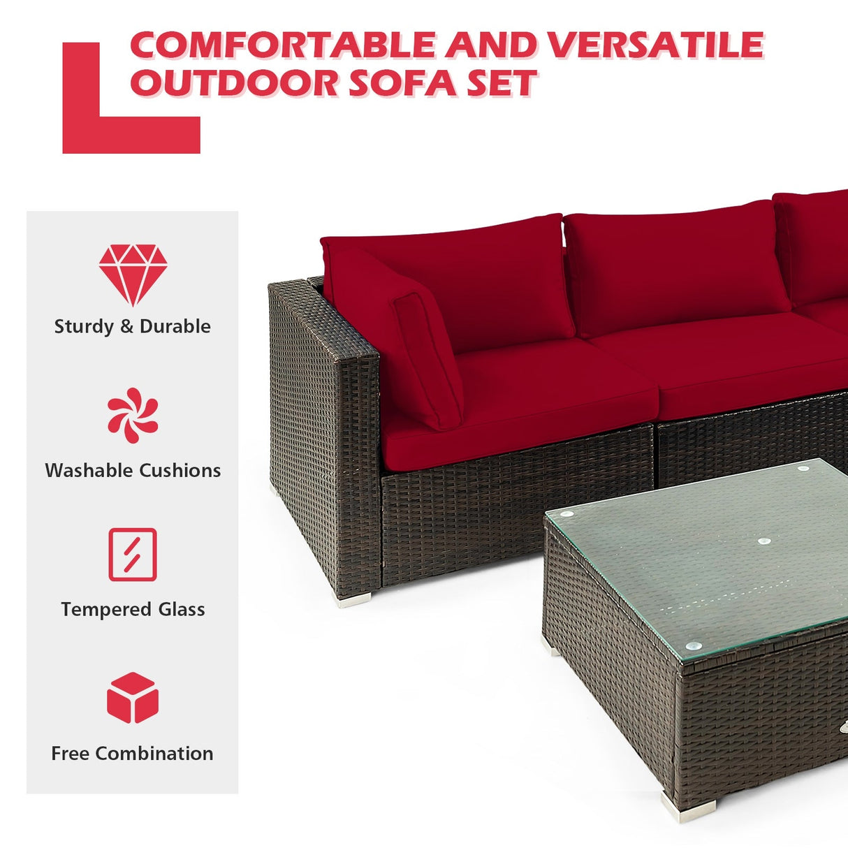 Juego de muebles de patio de ratán acolchados de 5 piezas con mesa de cristal