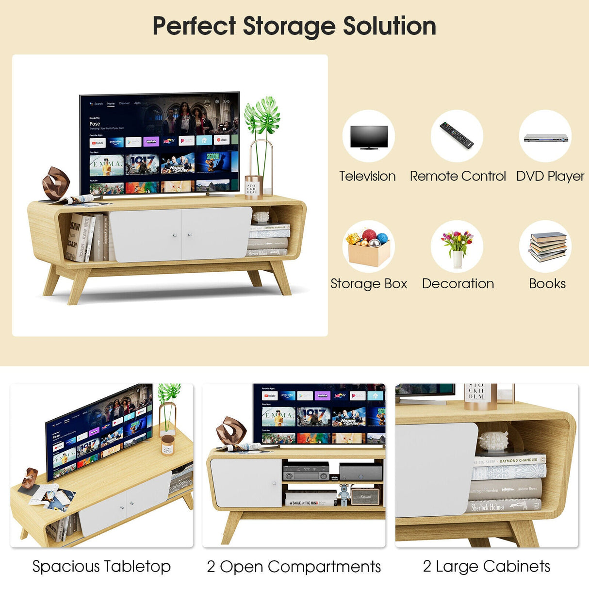Mueble de TV con puertas corredizas y estante ajustable para televisores de hasta 55 pulgadas