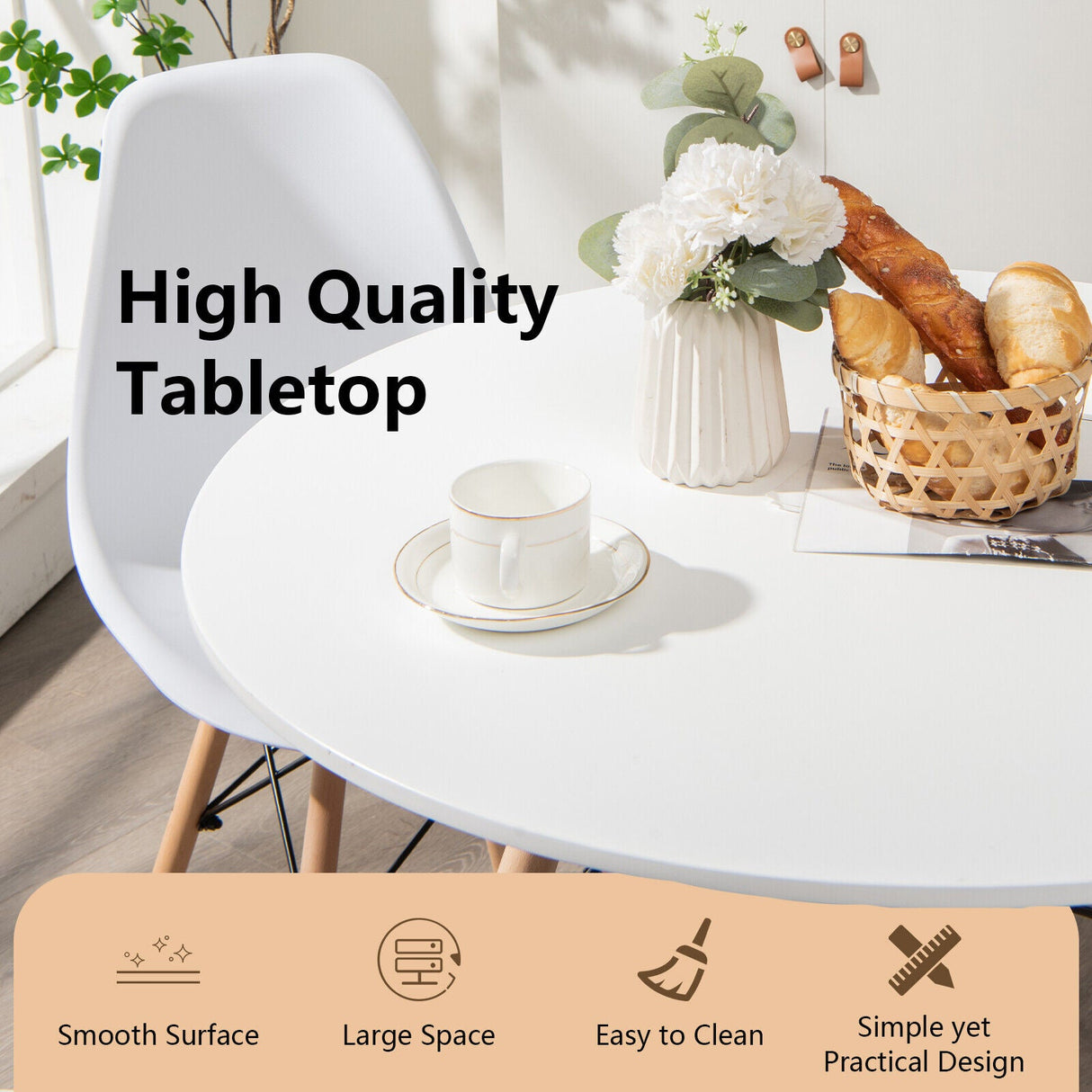 Mesa de comedor redonda moderna con pata de madera maciza - Blanca