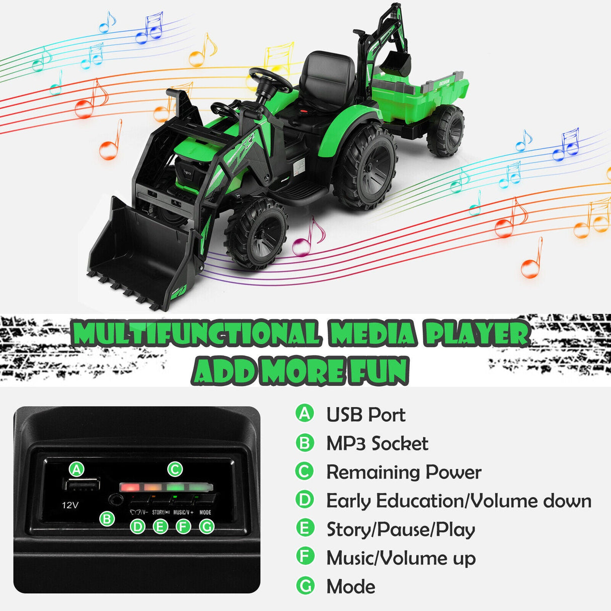 Excavadora montable para niños 3 en 1 de 12 V con pala y música