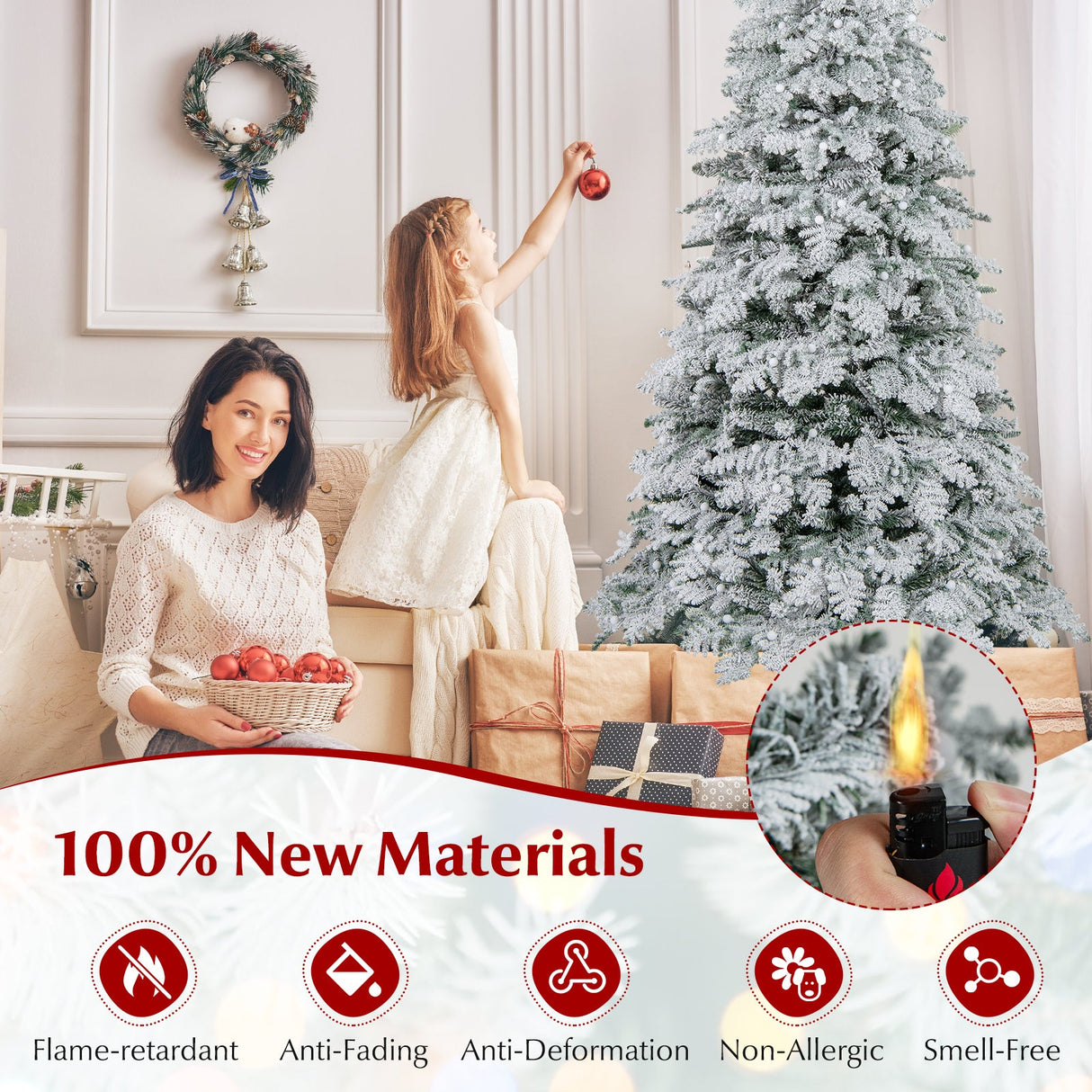 Árbol de Navidad nevado artificial de 1.8/2.1 metros, preiluminado, con bisagras y 130 esferas parpadeantes
