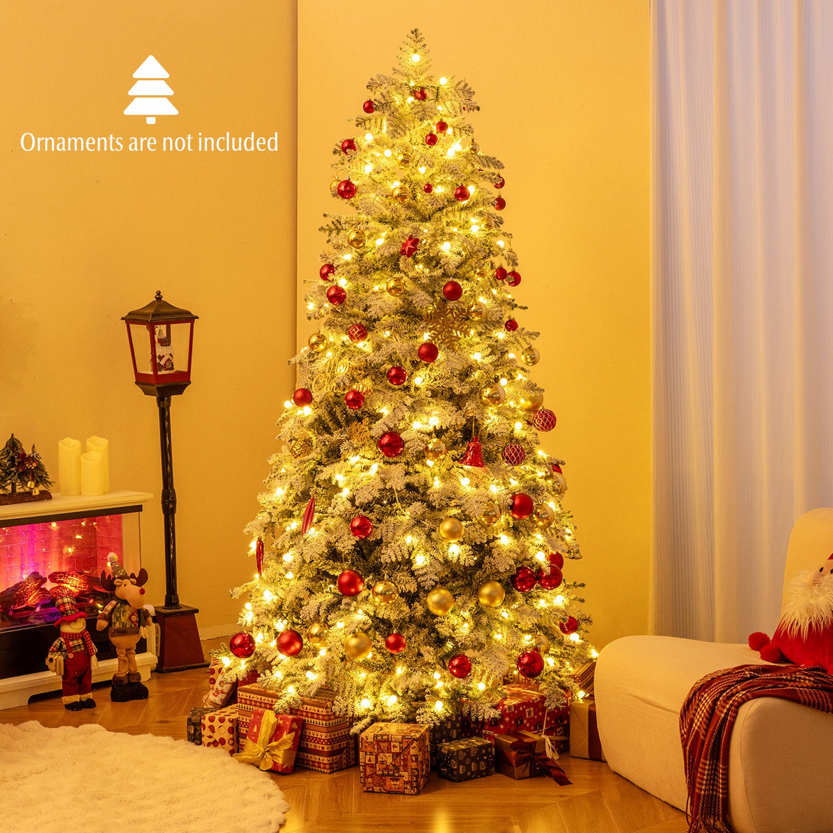 Árbol de Navidad nevado artificial de 1.8/2.1 metros, preiluminado, con bisagras y 130 esferas parpadeantes
