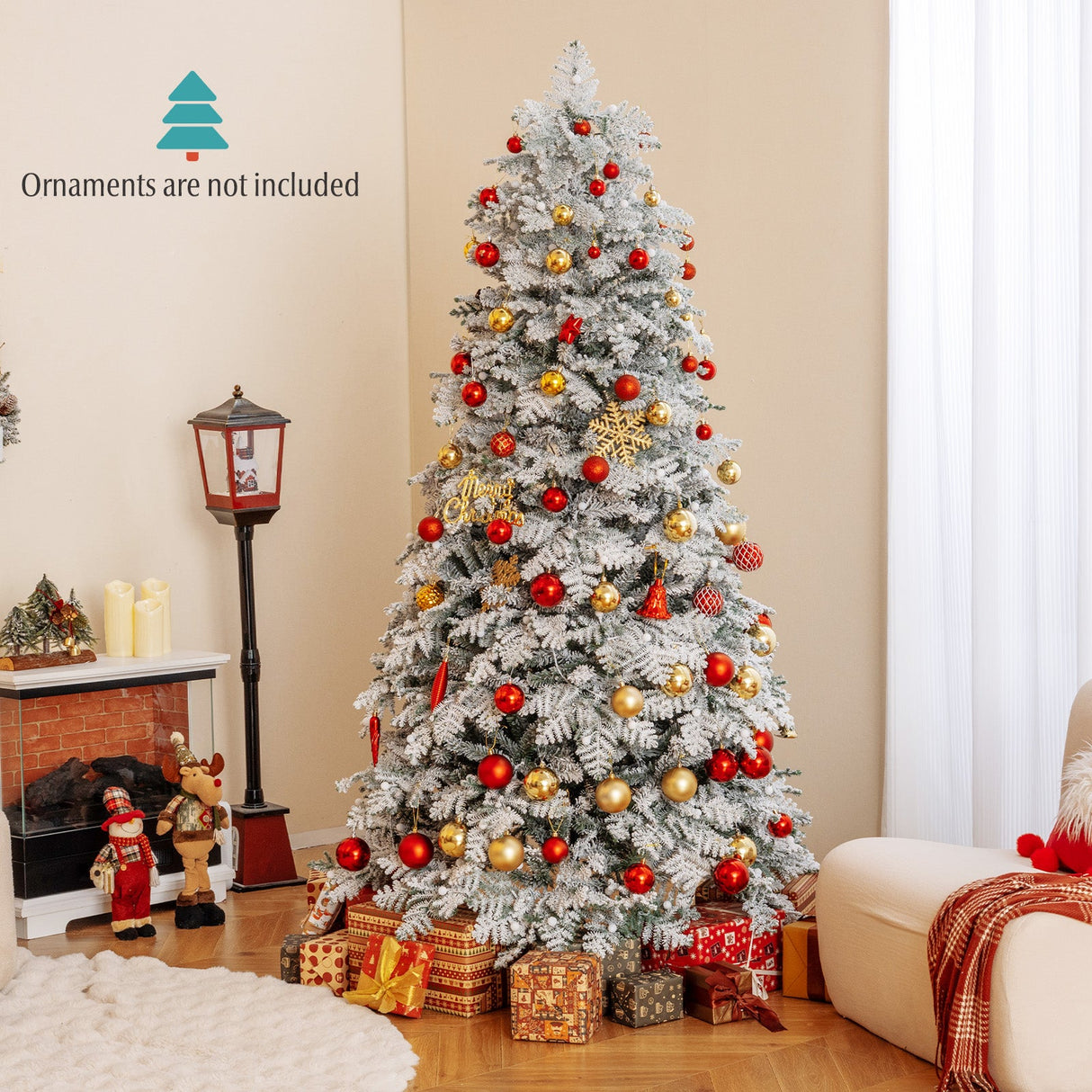 Árbol de Navidad nevado artificial de 1.8/2.1 metros, preiluminado, con bisagras y 130 esferas parpadeantes