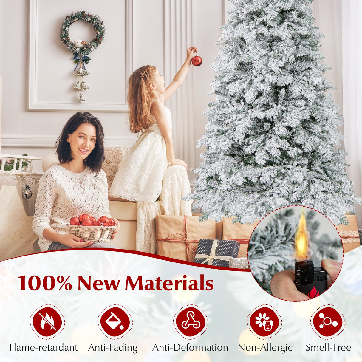 Árbol de Navidad nevado artificial de 1.8/2.1 metros, preiluminado, con bisagras y 130 esferas parpadeantes