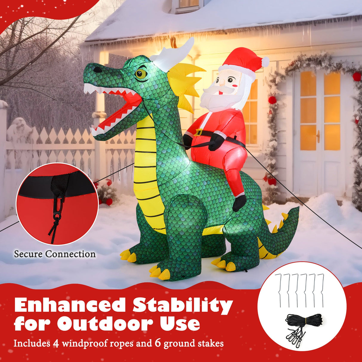 Papá Noel inflable de Navidad de 6.7 pies montado en un dinosaurio con luces LED integradas