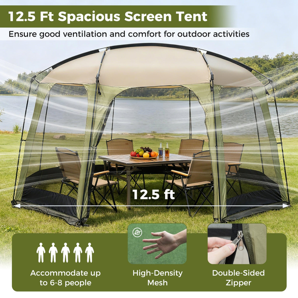 Carpa con dosel de malla para 6-8 personas con puerta con cremallera