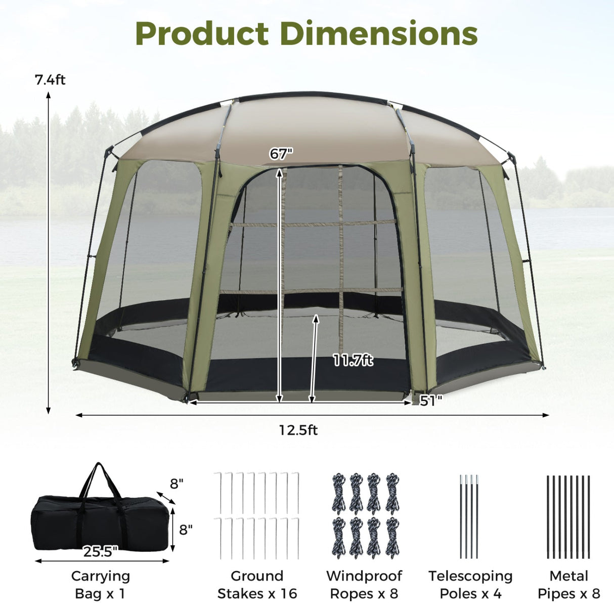 Carpa con dosel de malla para 6-8 personas con puerta con cremallera