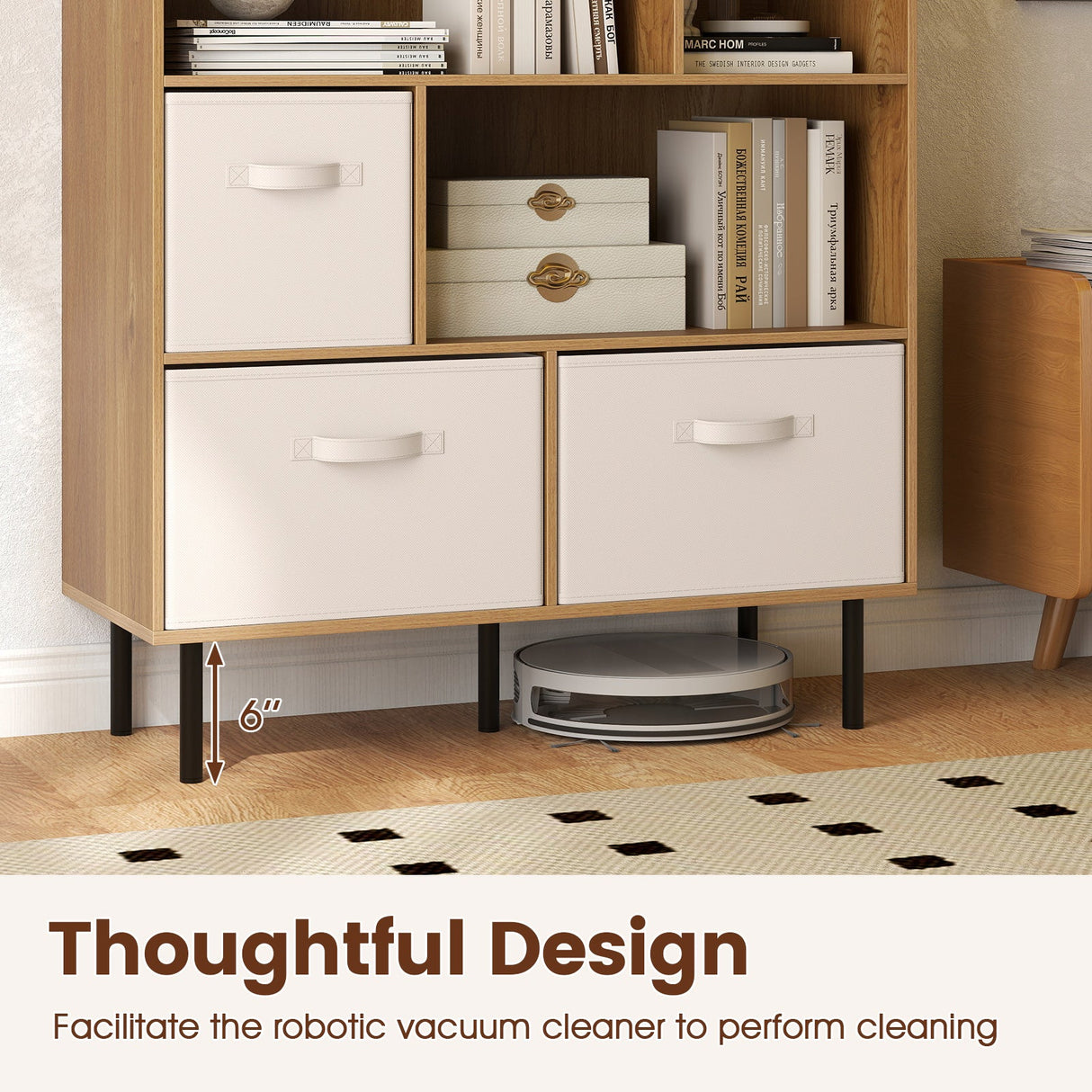 6-Cube Bookshelf with 3 Removable Folding Fabric Drawers for Living Room