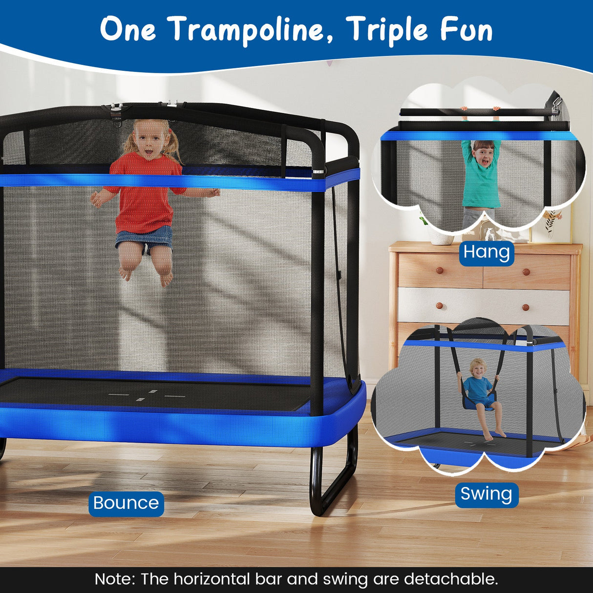 Trampolín Infantil de 6 pies con Columpio y Barra Horizontal, Pequeño Trampolín Rectangular
