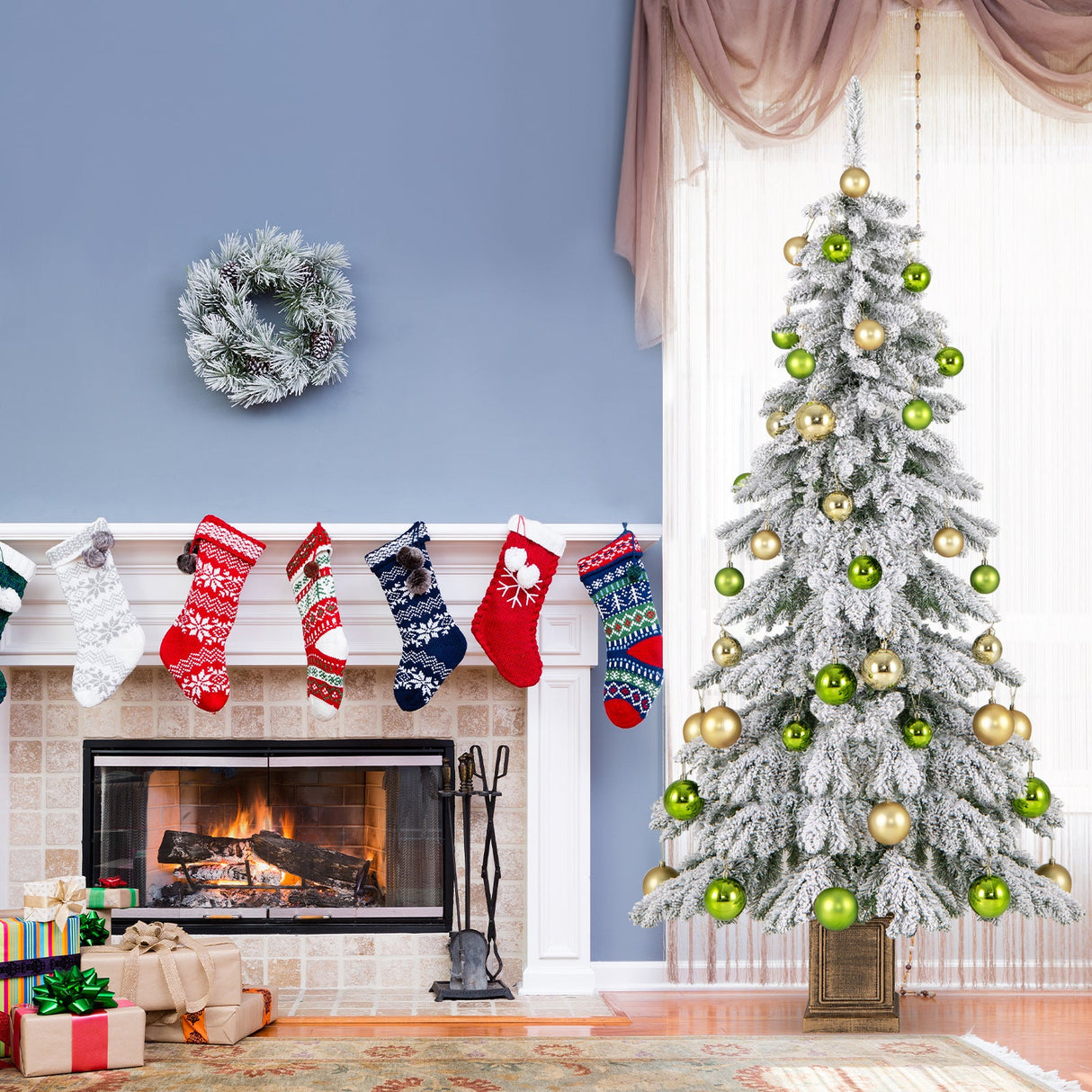Árbol de Navidad Artificial de 1,8 m con 589 Ramas con Aspecto Nevado y 48 Bolas de Navidad