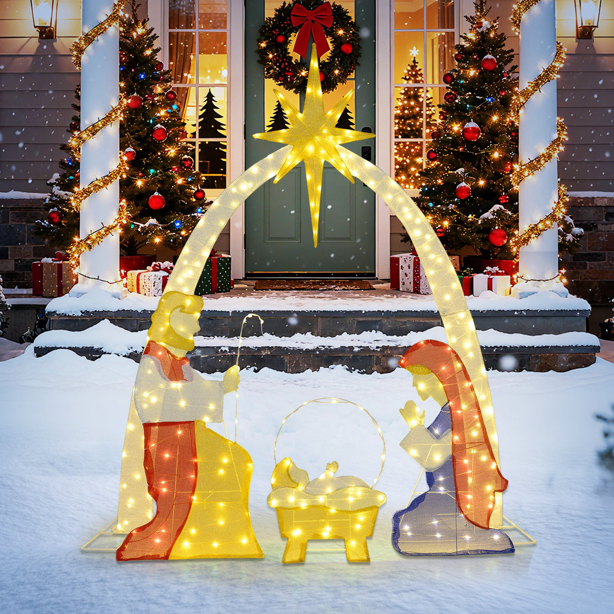 Decoración de jardín de 6 pies de un nacimiento iluminado con 240 luces LED de color blanco cálido