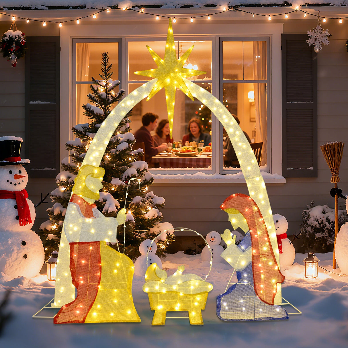 Decoración de jardín de 6 pies de un nacimiento iluminado con 240 luces LED de color blanco cálido
