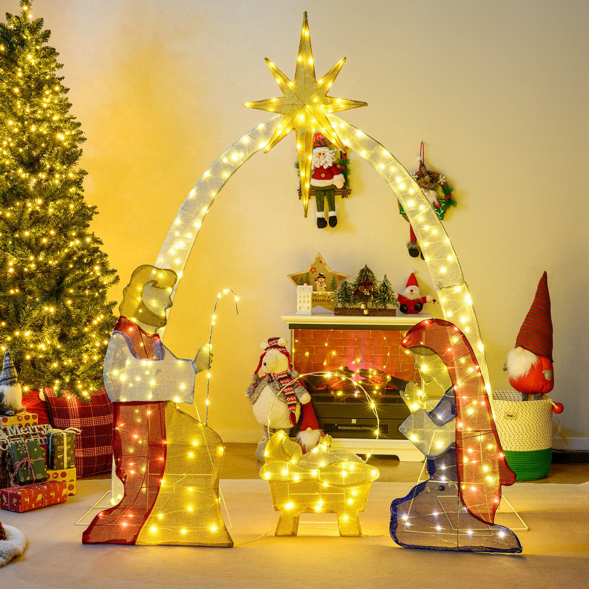 Decoración de jardín de 6 pies de un nacimiento iluminado con 240 luces LED de color blanco cálido