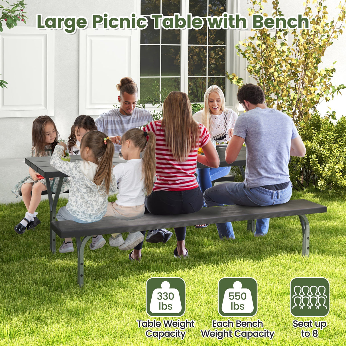 Juego de mesa de picnic con bancos de 6 pies con tablero de HDPE para 8 personas - Gris