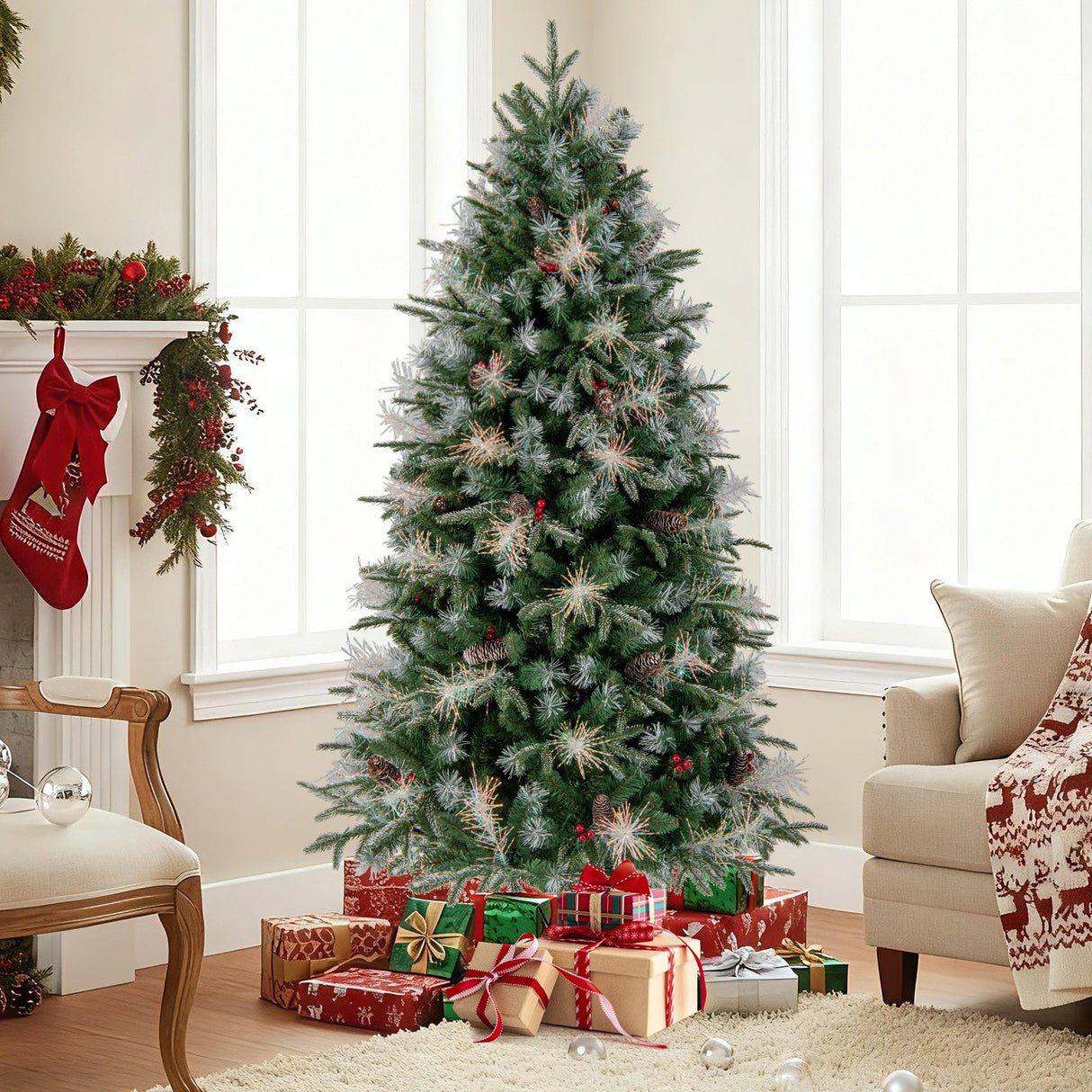 Árbol de Navidad Artificial Preiluminado de 5 pies con Luces LED de 8 Modos con Bayas