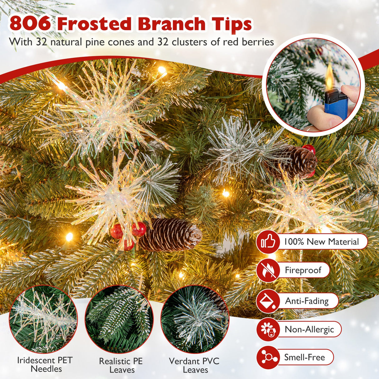 Árbol de Navidad Artificial Preiluminado de 5 pies con Luces LED de 8 Modos con Bayas