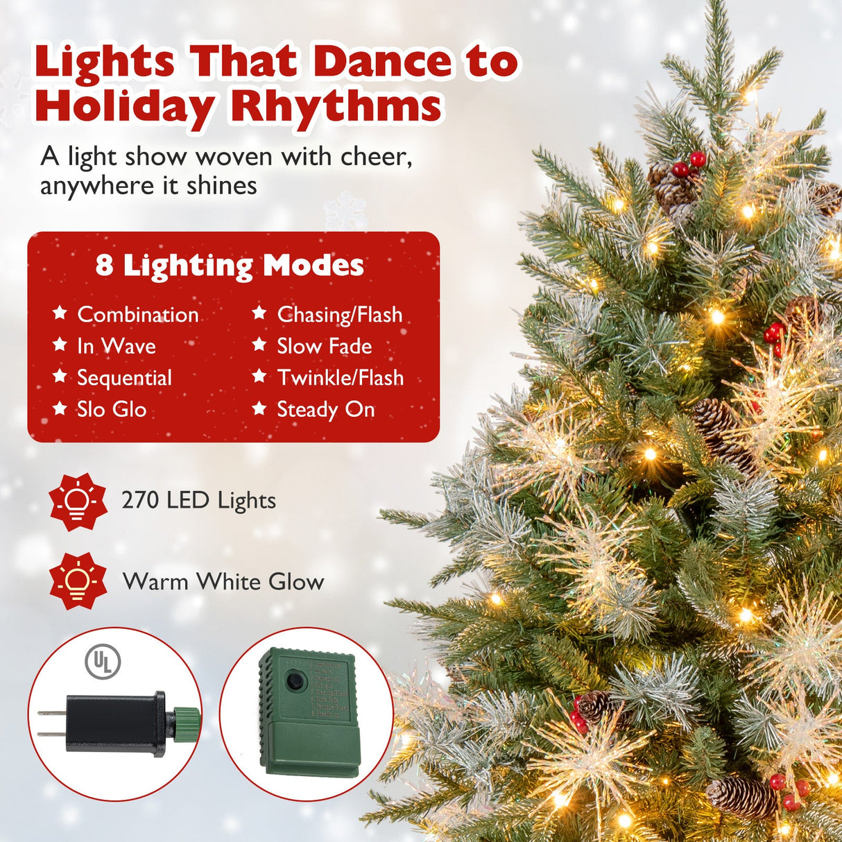 Árbol de Navidad Artificial Preiluminado de 5 pies con Luces LED de 8 Modos con Bayas