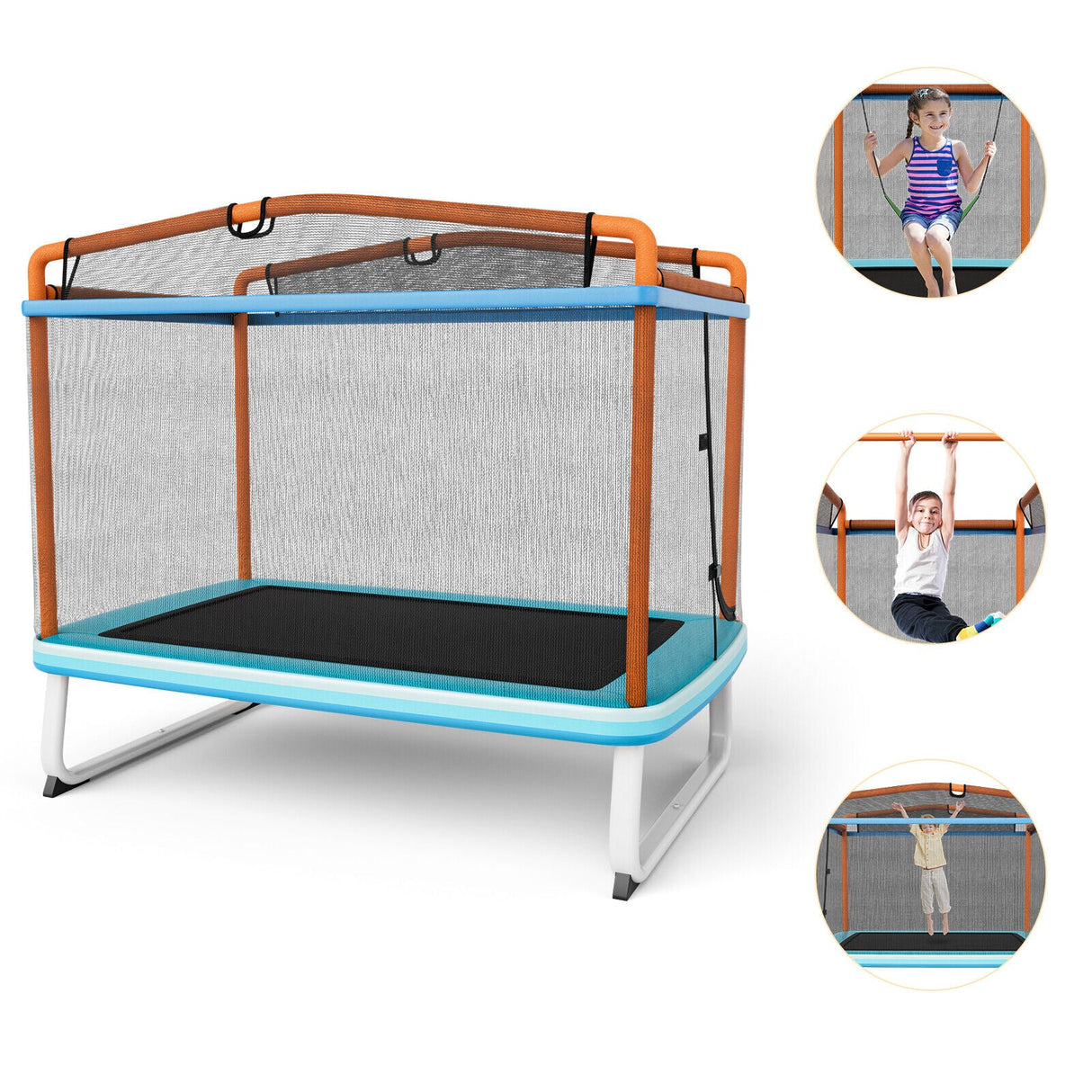 Trampolín rectangular de 6 pies con barra horizontal de columpio y red de seguridad