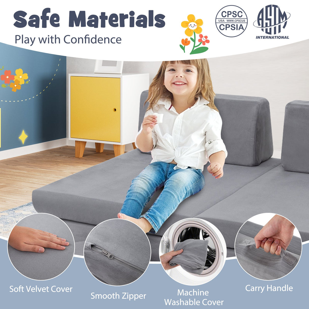 6 Pieces Modular Kids Play Couch Set with Washable Covers for Living Room Playroom-Gray