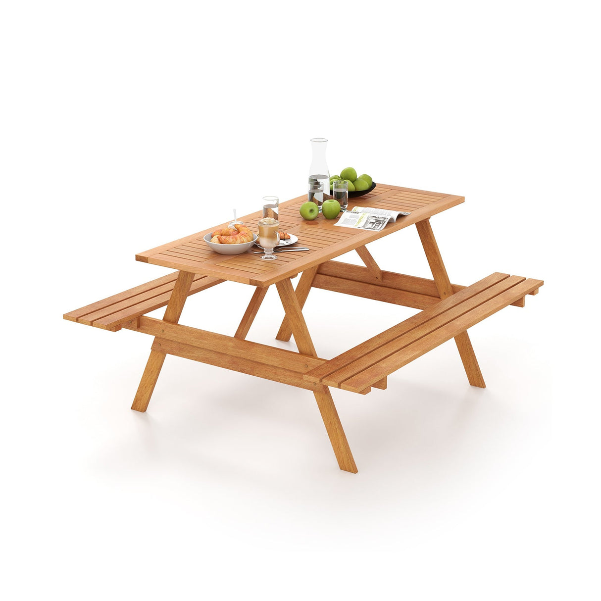 Juego de mesa de pícnic rectangular de 6 personas para patio con 2 bancos incorporados y orificio para sombrilla