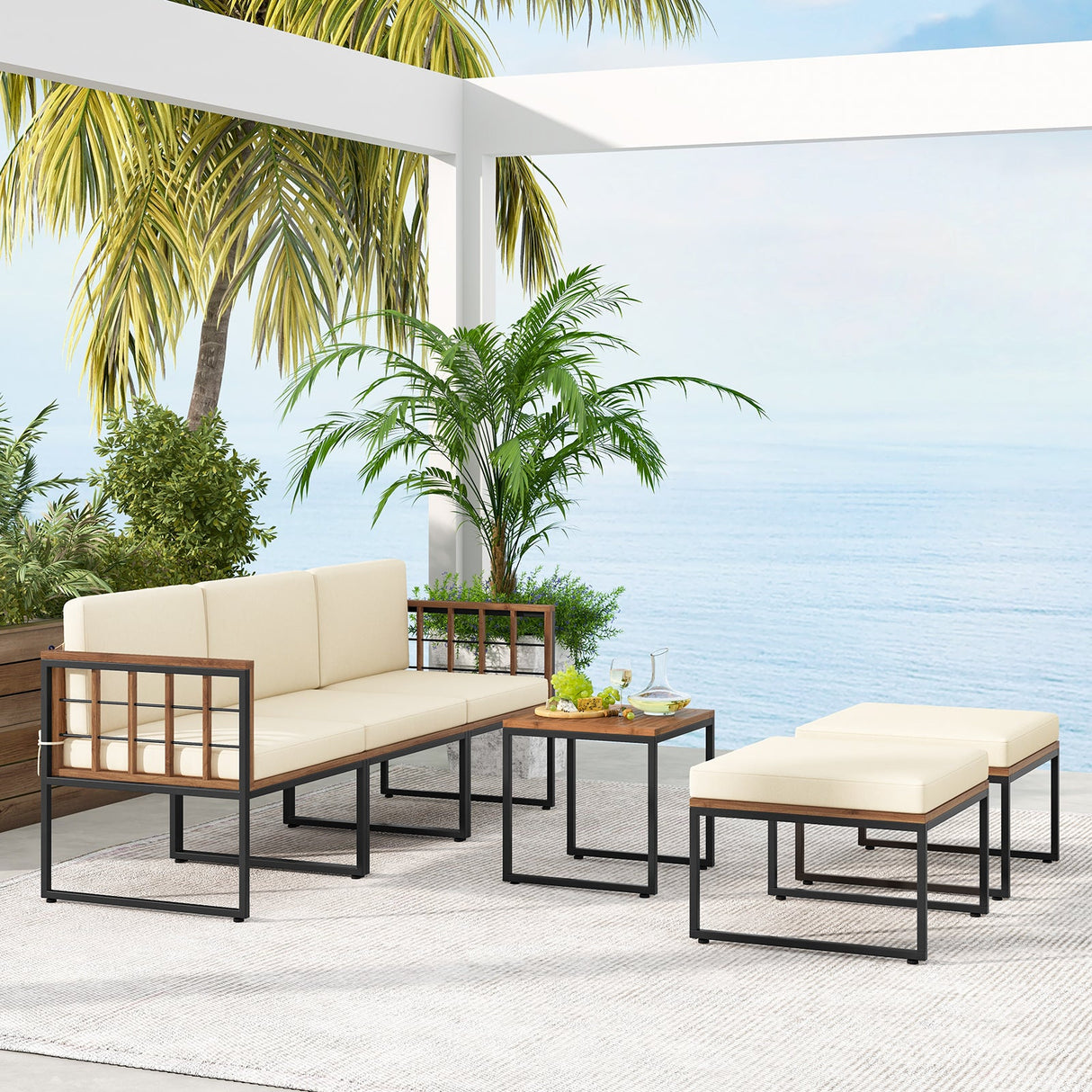 Juego de muebles de patio de madera de acacia de 6 piezas con mesa de centro y otomanas - Beige