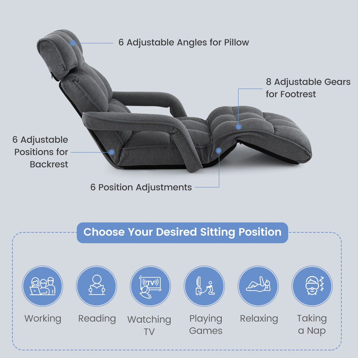 Sillón de suelo ajustable de 6 posiciones con reposabrazos y reposapiés ajustables
