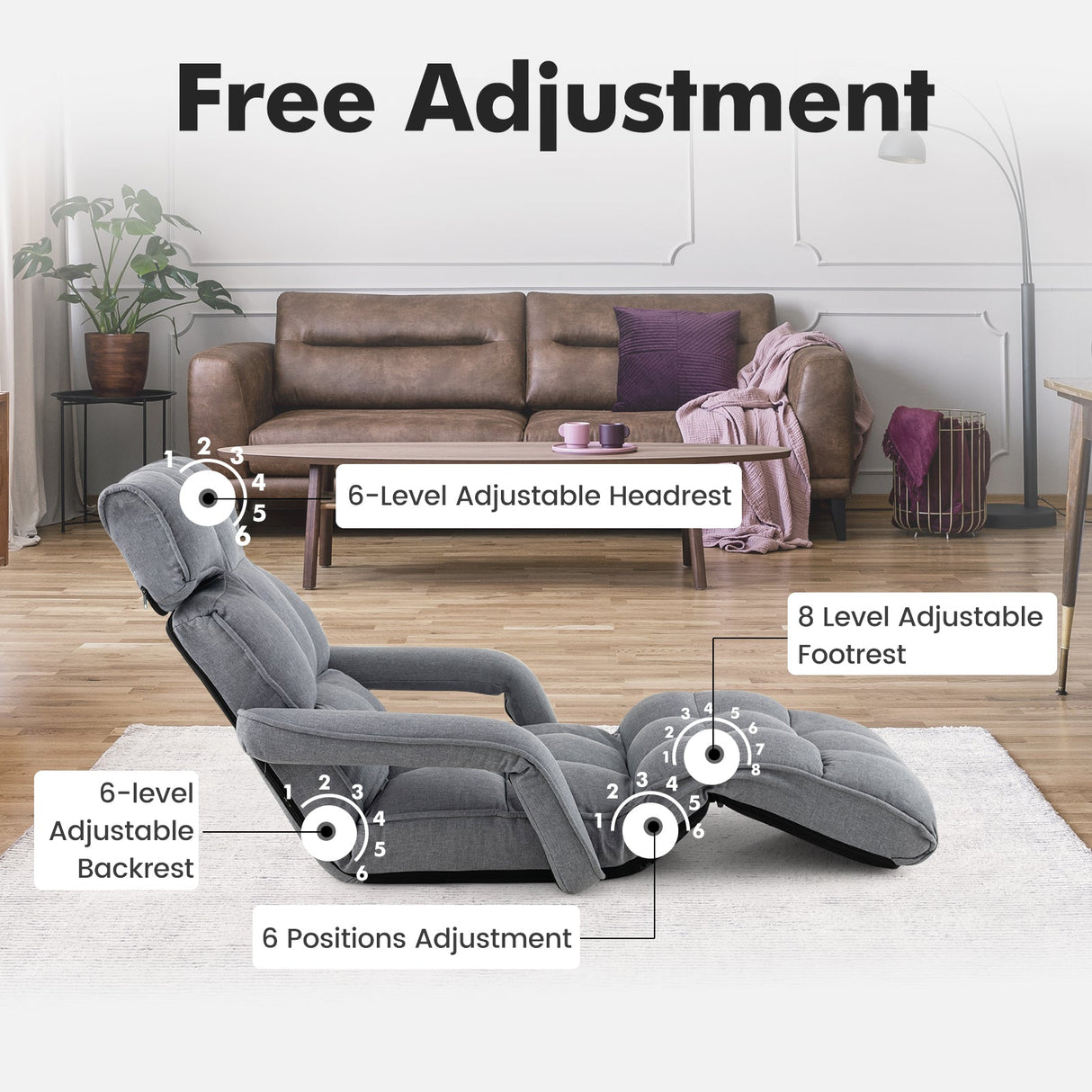 Sillón de suelo ajustable de 6 posiciones con reposabrazos y reposapiés ajustables