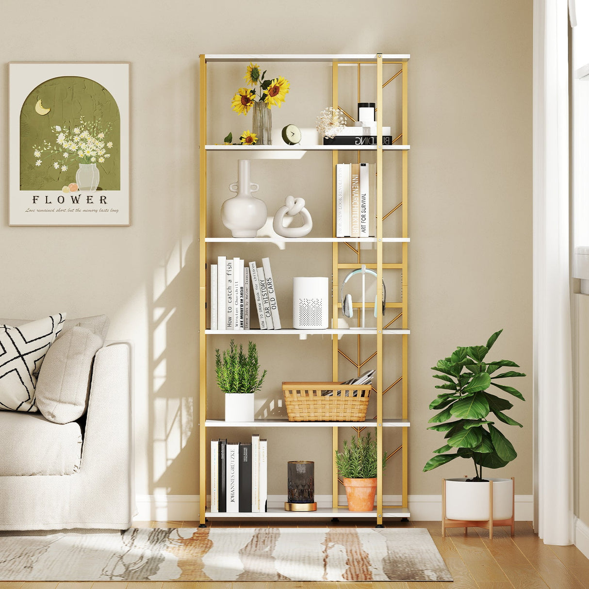 Estantería de 6 Niveles, Moderna Librería Geométrica con Estructura Metálica Reforzada y Kits Antivuelco