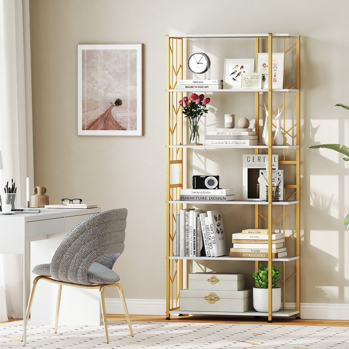 Estantería de 6 Niveles, Moderna Librería Geométrica con Estructura Metálica Reforzada y Kits Antivuelco