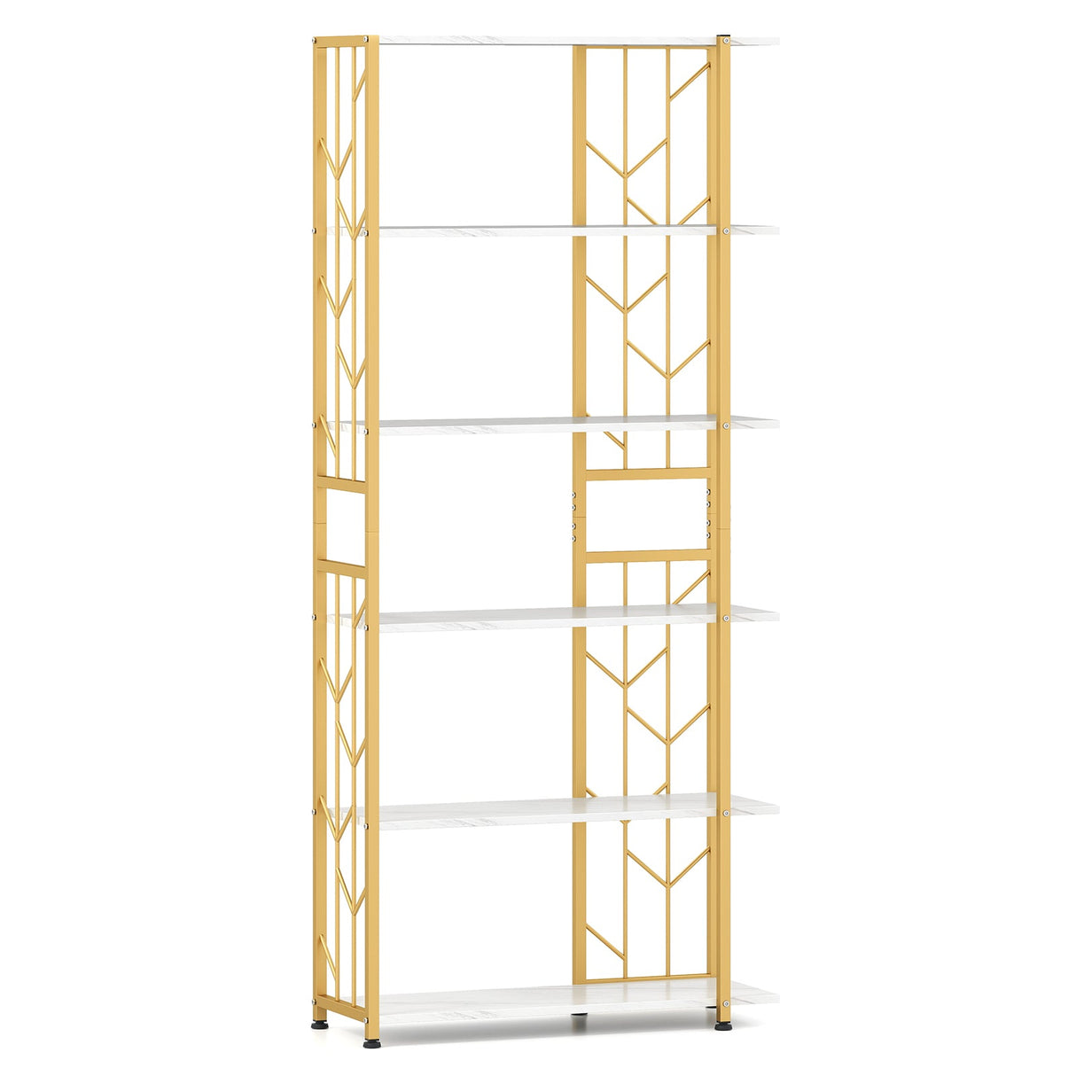 Estantería de 6 Niveles, Moderna Librería Geométrica con Estructura Metálica Reforzada y Kits Antivuelco
