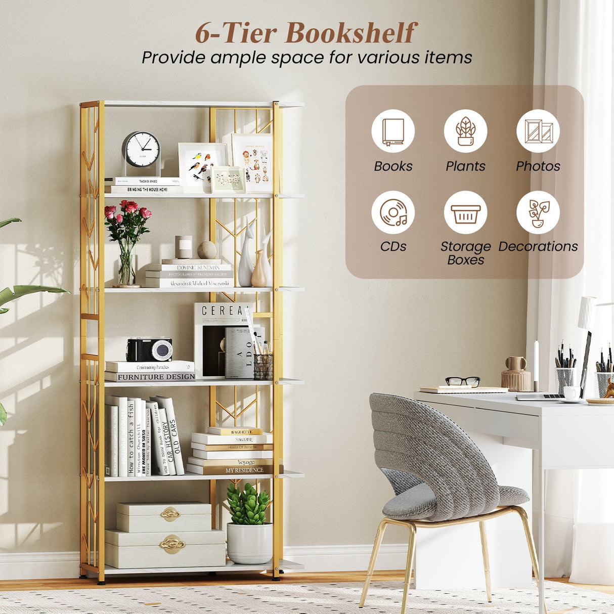 Estantería de 6 Niveles, Moderna Librería Geométrica con Estructura Metálica Reforzada y Kits Antivuelco