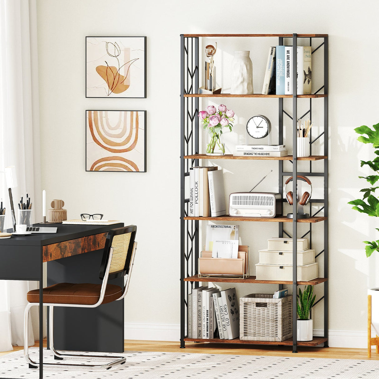 Estantería de 6 Niveles, Moderna Librería Geométrica con Estructura Metálica Reforzada y Kits Antivuelco