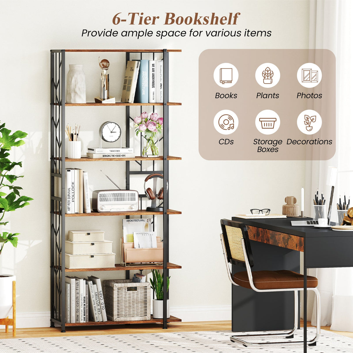 Estantería de 6 Niveles, Moderna Librería Geométrica con Estructura Metálica Reforzada y Kits Antivuelco