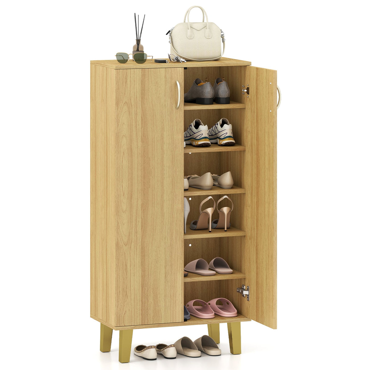 Zapatero moderno independiente de madera de 6 niveles con puertas y estantes extraíbles - Roble
