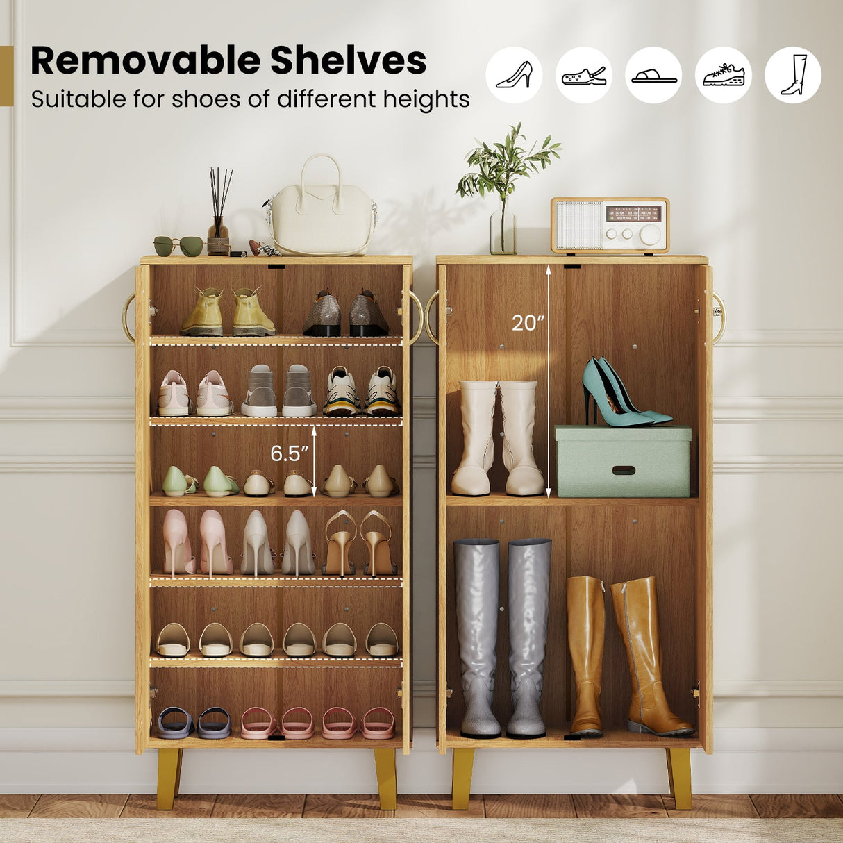 Zapatero moderno independiente de madera de 6 niveles con puertas y estantes extraíbles - Roble