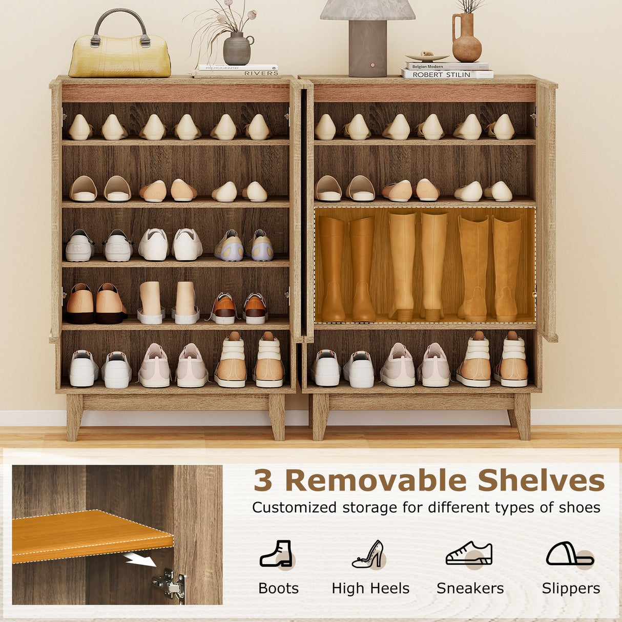 Organizador de Almacenamiento de Zapatos de 6 Niveles con 2 Puertas Estriadas - Roble