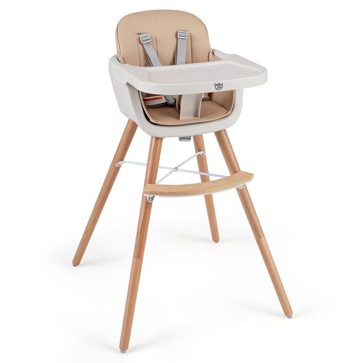 Trona de madera convertible 6 en 1 con arnés de seguridad y patas ajustables - Marrón claro